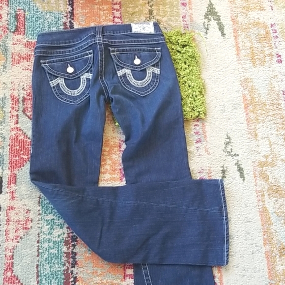 Y2k TRUE RELIGION Joey Dark Low FLARE HorseShoe Topstitched Bell IT Jeans 29 EUC - Picture 2 of 16
